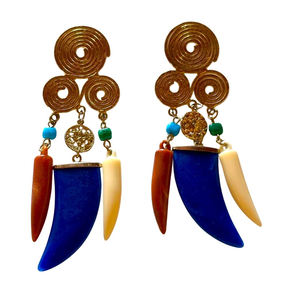 Vintage Tribal Statement Earrings with Faux Horn Resin Dangles – Multicolor Boho